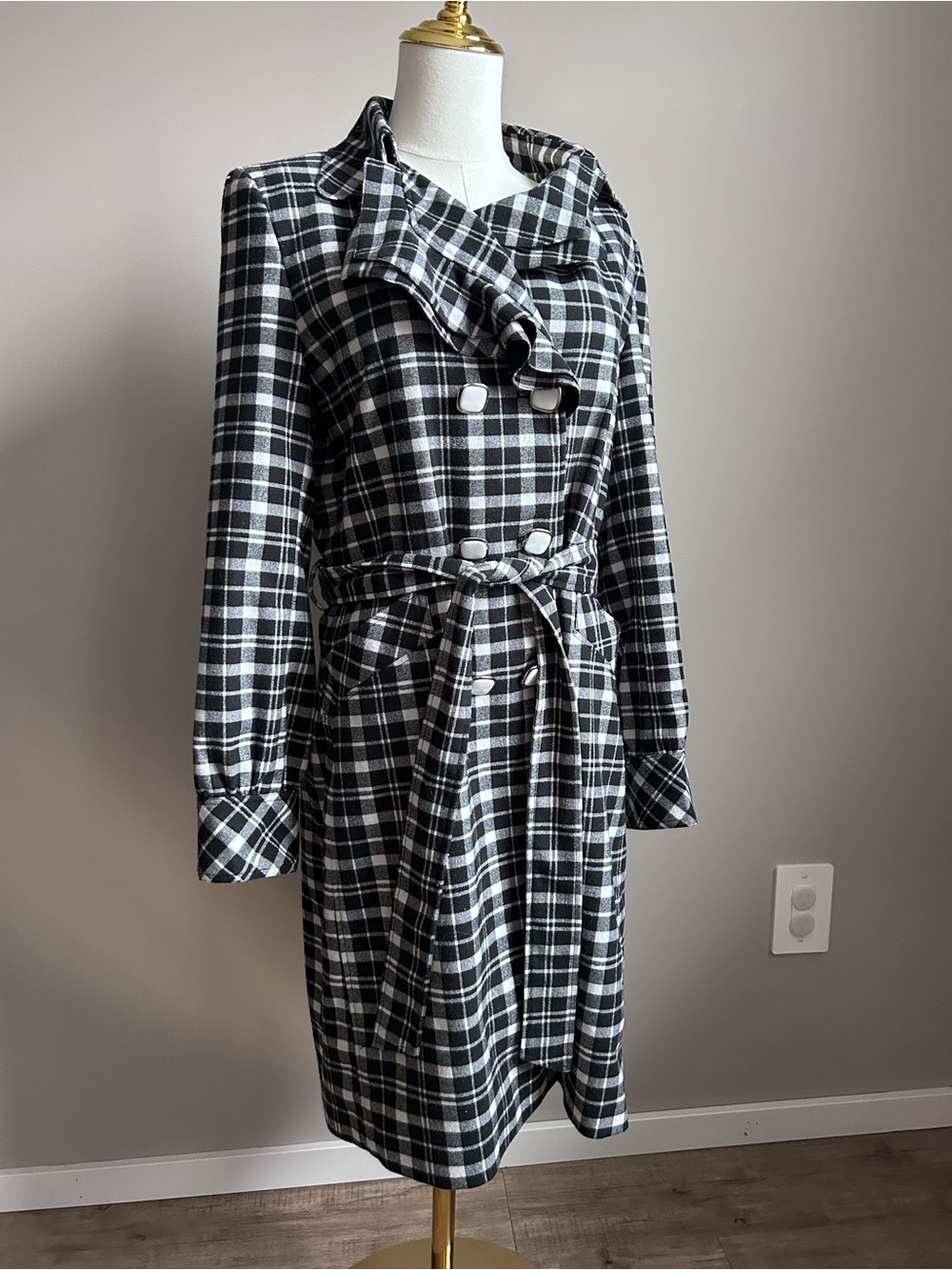 Wool Black & White Plaid checkered Belted Trench Coat fall preppy academia